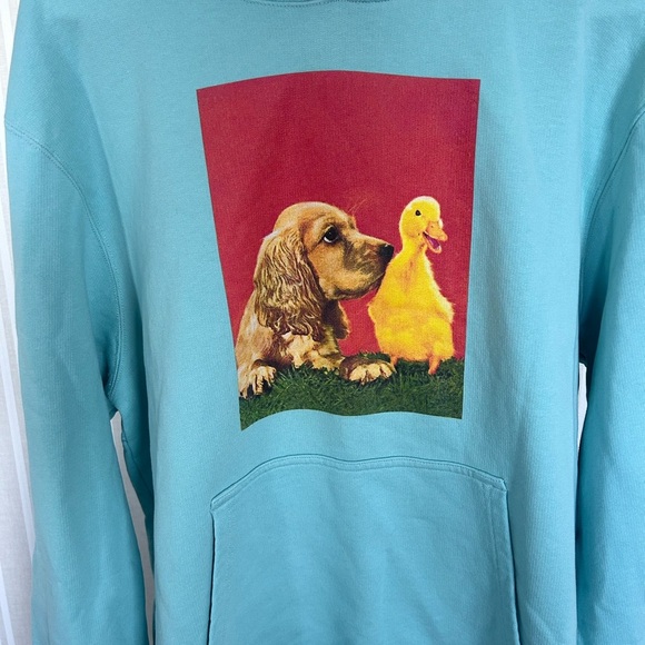 Sandro 100% Organic Cotton Dog + Duck Print Hoodie Authentic Size XXL Turquoise - Picture 5 of 14
